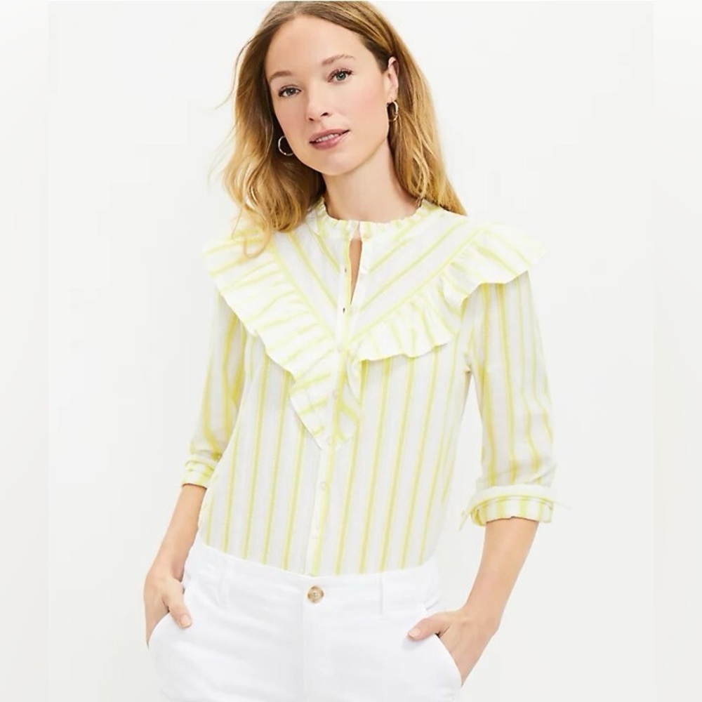Ann Taylor LOFT Striped Ruffle Long Sleeve Button Blouse